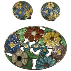 Vintage Silver and Floral Enamel Brooch and Clip-On Earrings Set