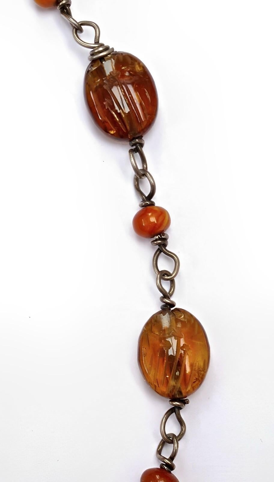 Silver and Floral Etched Amber Bead Hand Forged Necklace circa 1970s In Fair Condition For Sale In London, GB