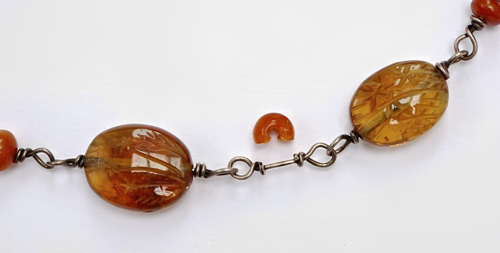Women's or Men's Silver and Floral Etched Amber Bead Hand Forged Necklace circa 1970s For Sale