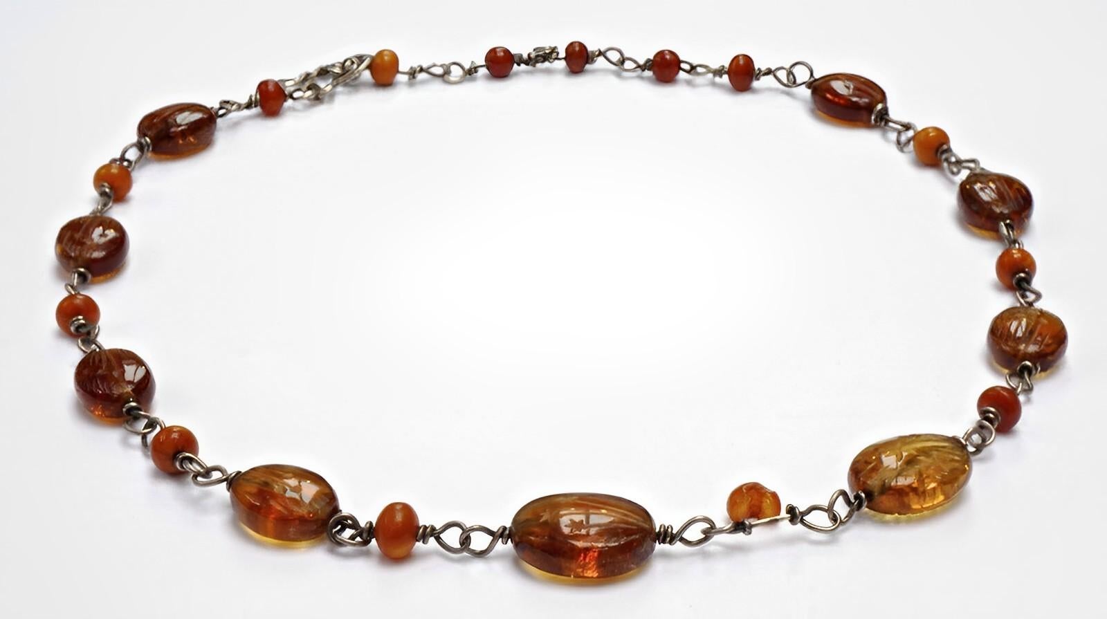 Silver and Floral Etched Amber Bead Hand Forged Necklace circa 1970s For Sale 2