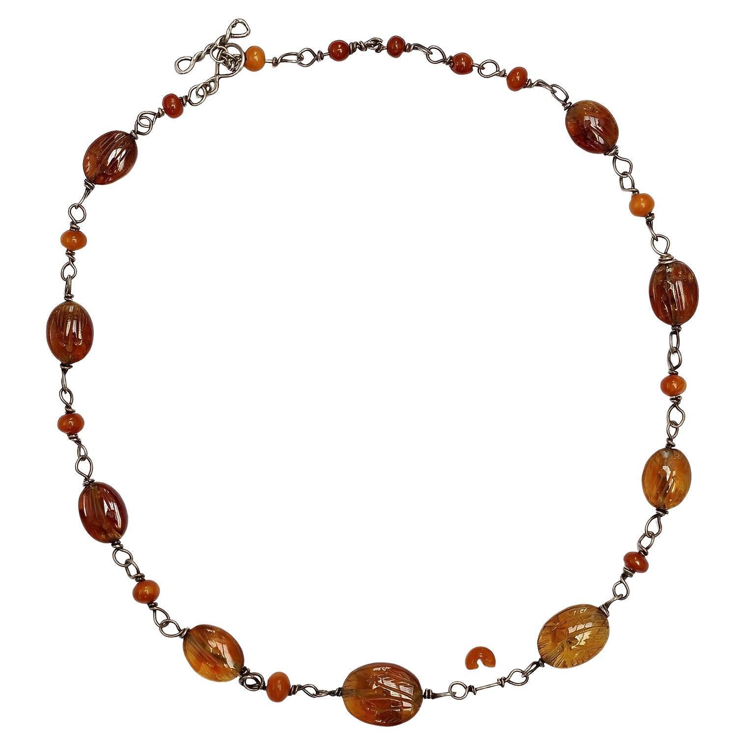 Silver and Floral Etched Amber Bead Hand Forged Necklace circa 1970s