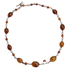 Used Silver and Floral Etched Amber Bead Hand Forged Necklace circa 1970s