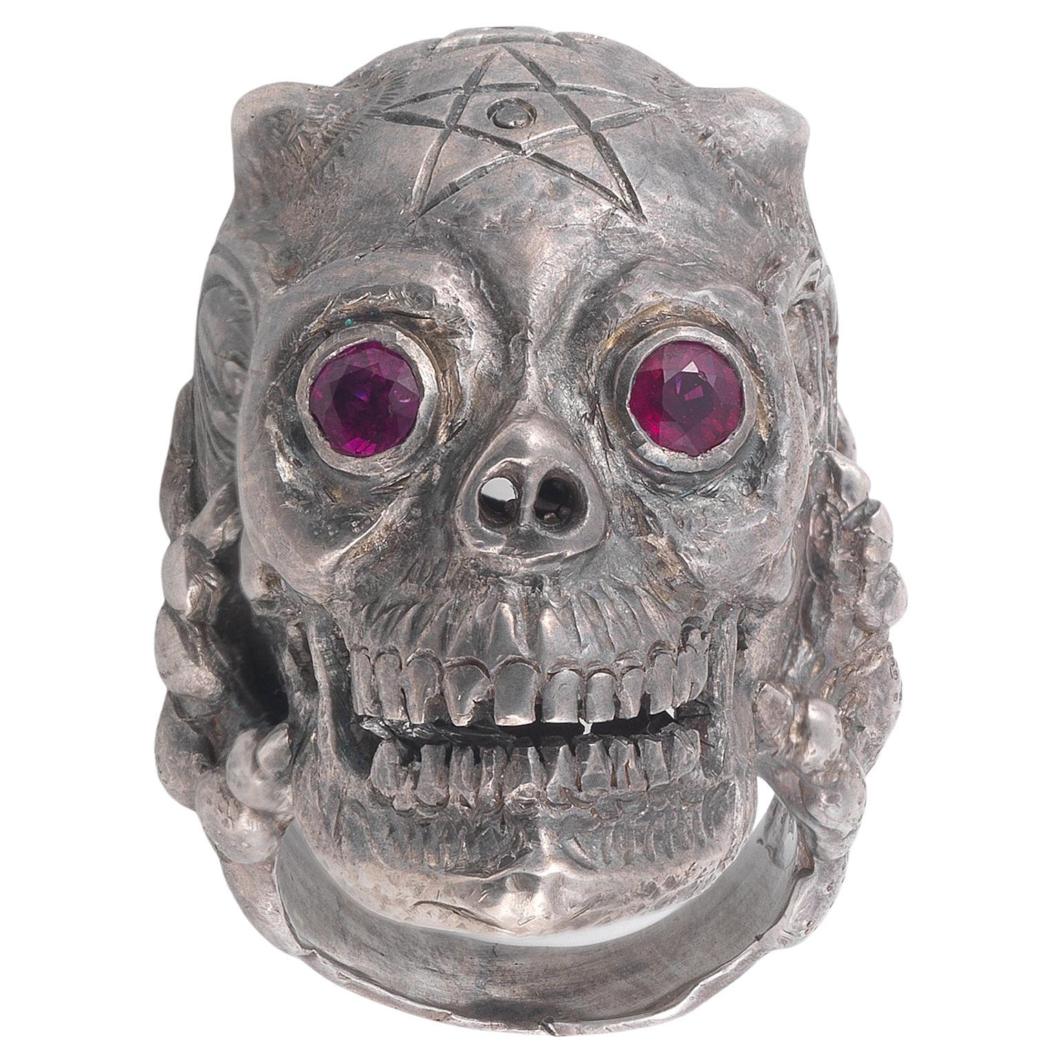 Silver and Garnet Eyes Devil Skull Men's Ring For Sale