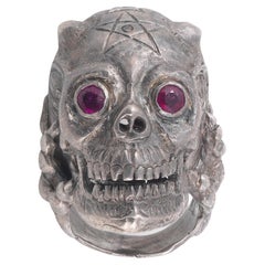 Silver and Garnet Eyes Devil Skull Men's Ring