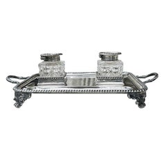 Tintero doble y bandeja de plata y cristal de Parson Brothers para Tessier London