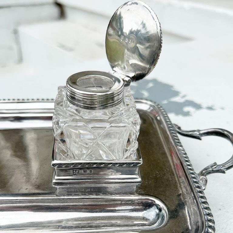 English Silver and Glass Double Inkwell & Tray by Parsons Brothers for Tessier London  For Sale