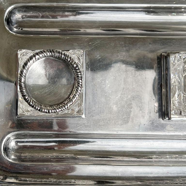 20th Century Silver and Glass Double Inkwell & Tray by Parsons Brothers for Tessier London  For Sale