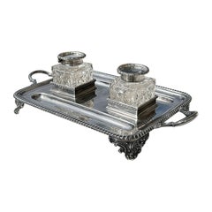 Silver and Glass Double Inkwell & Tray by Parsons Brothers for Tessier London
