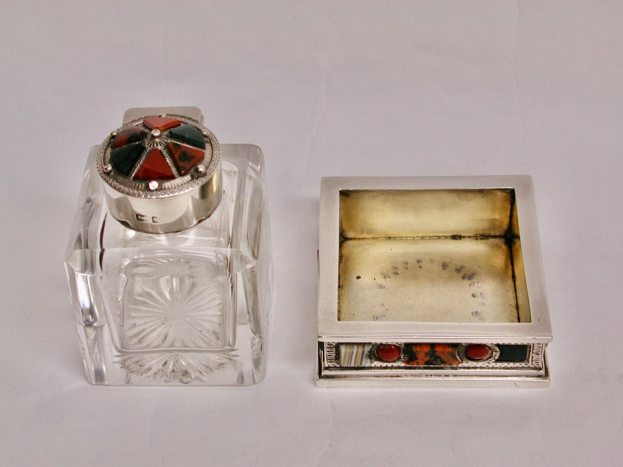 Edwardian Silver and Glass Scotch Pebble Inkpot dated 1902 James Fenton Birmingham For Sale