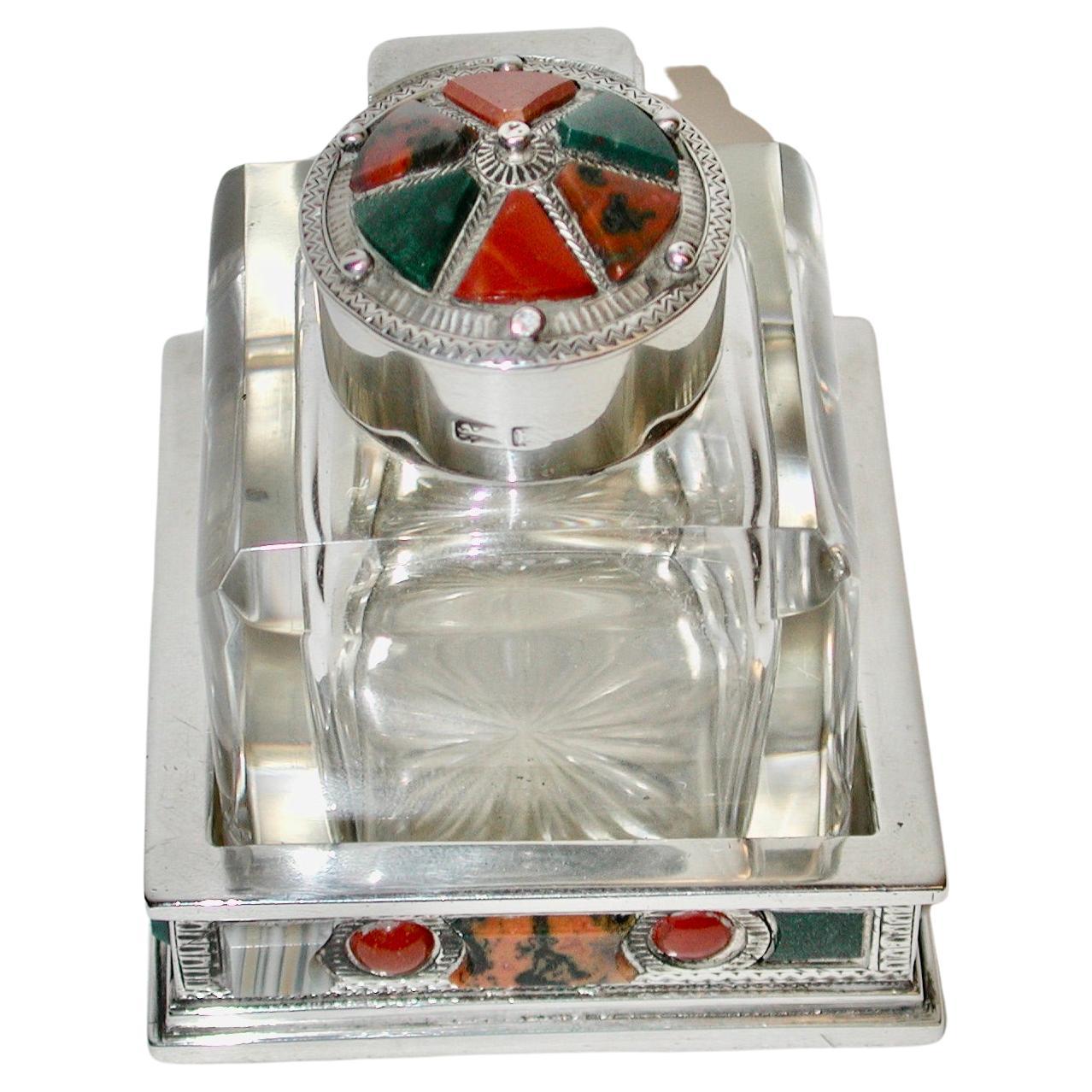 Silver and Glass Scotch Pebble Inkpot dated 1902 James Fenton Birmingham For Sale