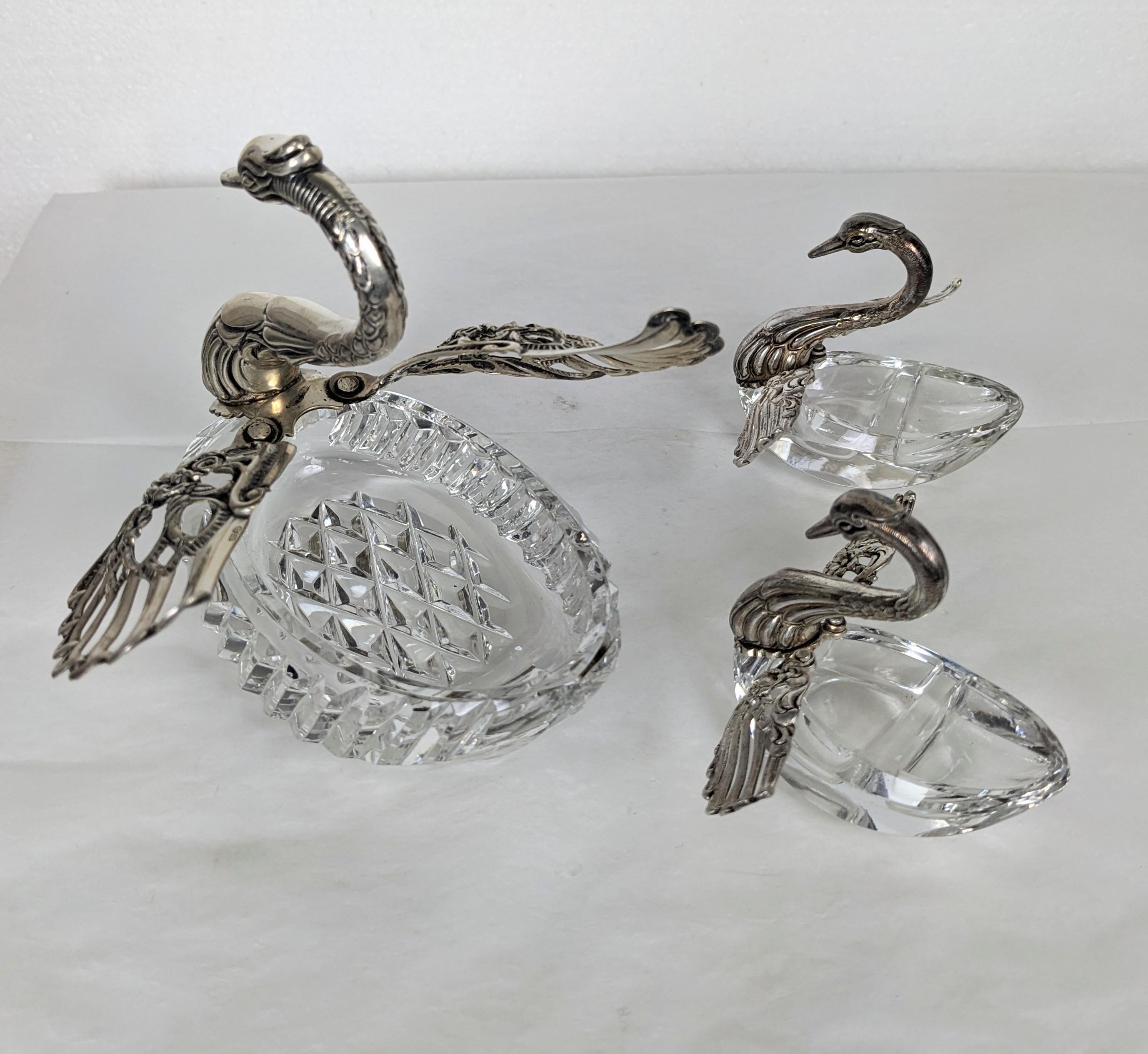 German Silver and Glass Swan Form Salts For Sale
