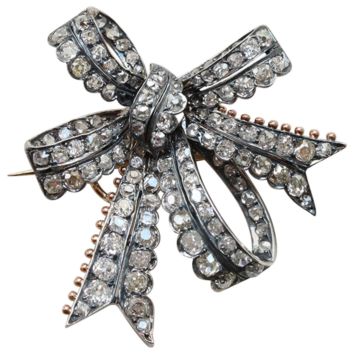Silver and Gold and Diamond Bow Brooch, circa 1880 For Sale