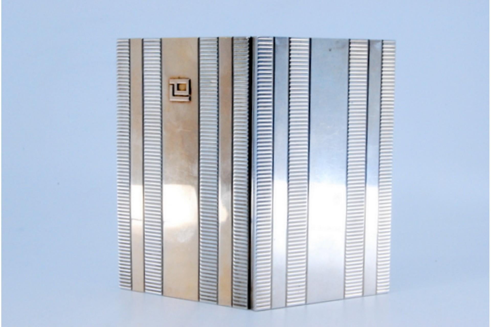 19th Century Silver and gold case with raised bands around monogram plate, hinged lid For Sale