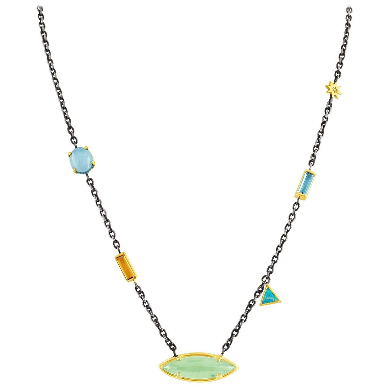 Silver and Gold Chain Necklace with Aquamarine, Blue Topaz, Citrine & Opal For Sale