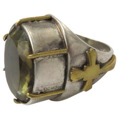 Bague d'évêque ancienne en argent et or avec citrine