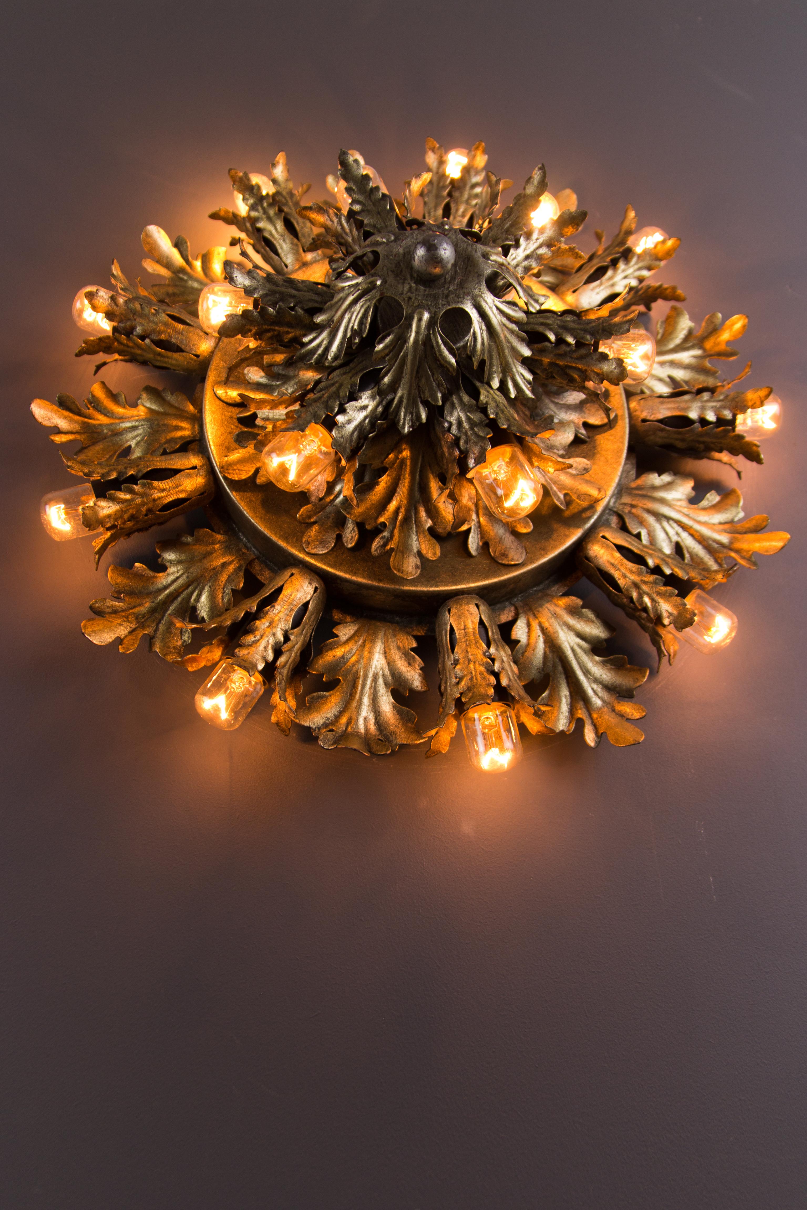 Silver and Gold Color Fifteen-Light Leafed Sunburst Wall or Ceiling Lamp, 1950s 2