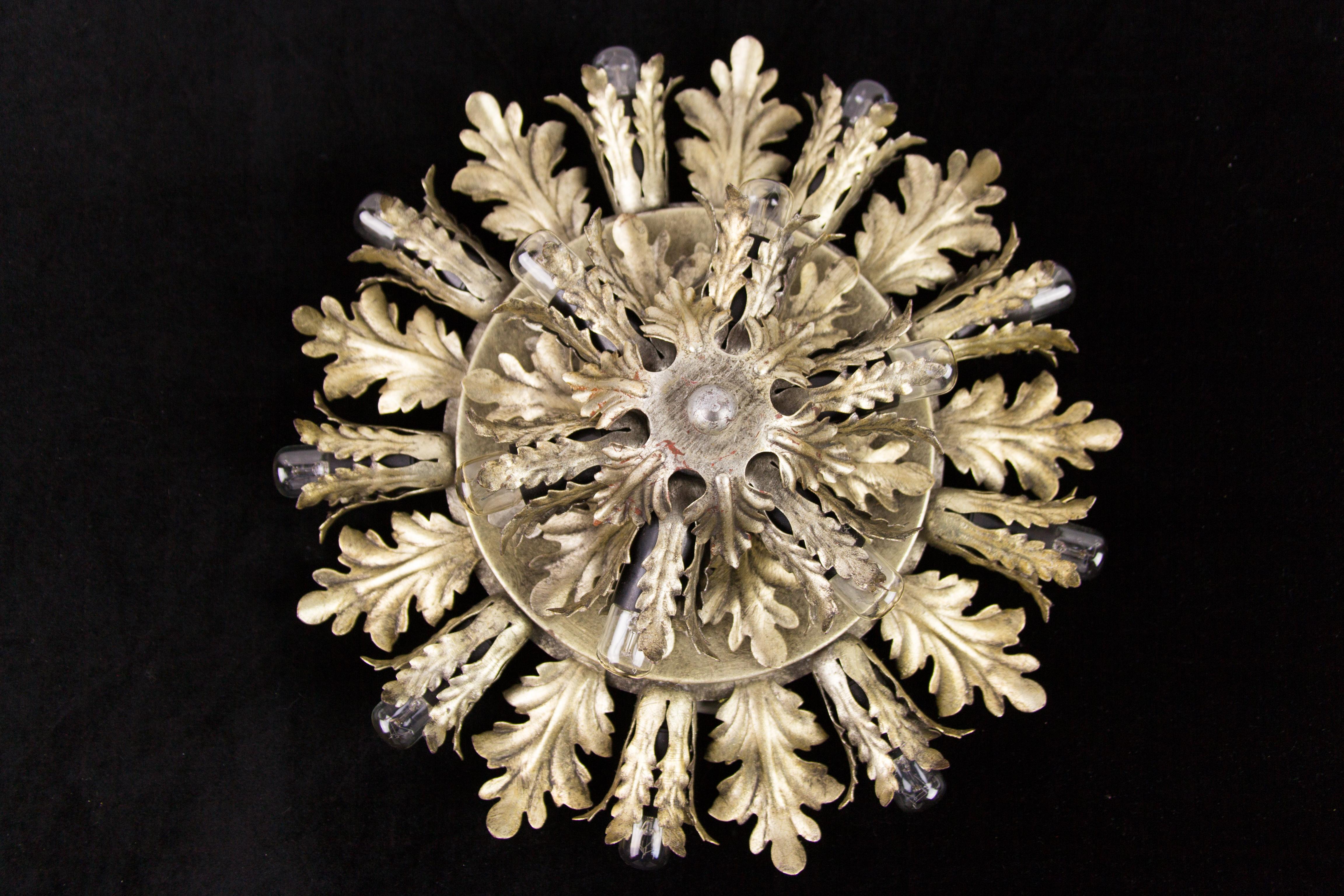 Silver and Gold Color Fifteen-Light Leafed Sunburst Wall or Ceiling Lamp, 1950s 5