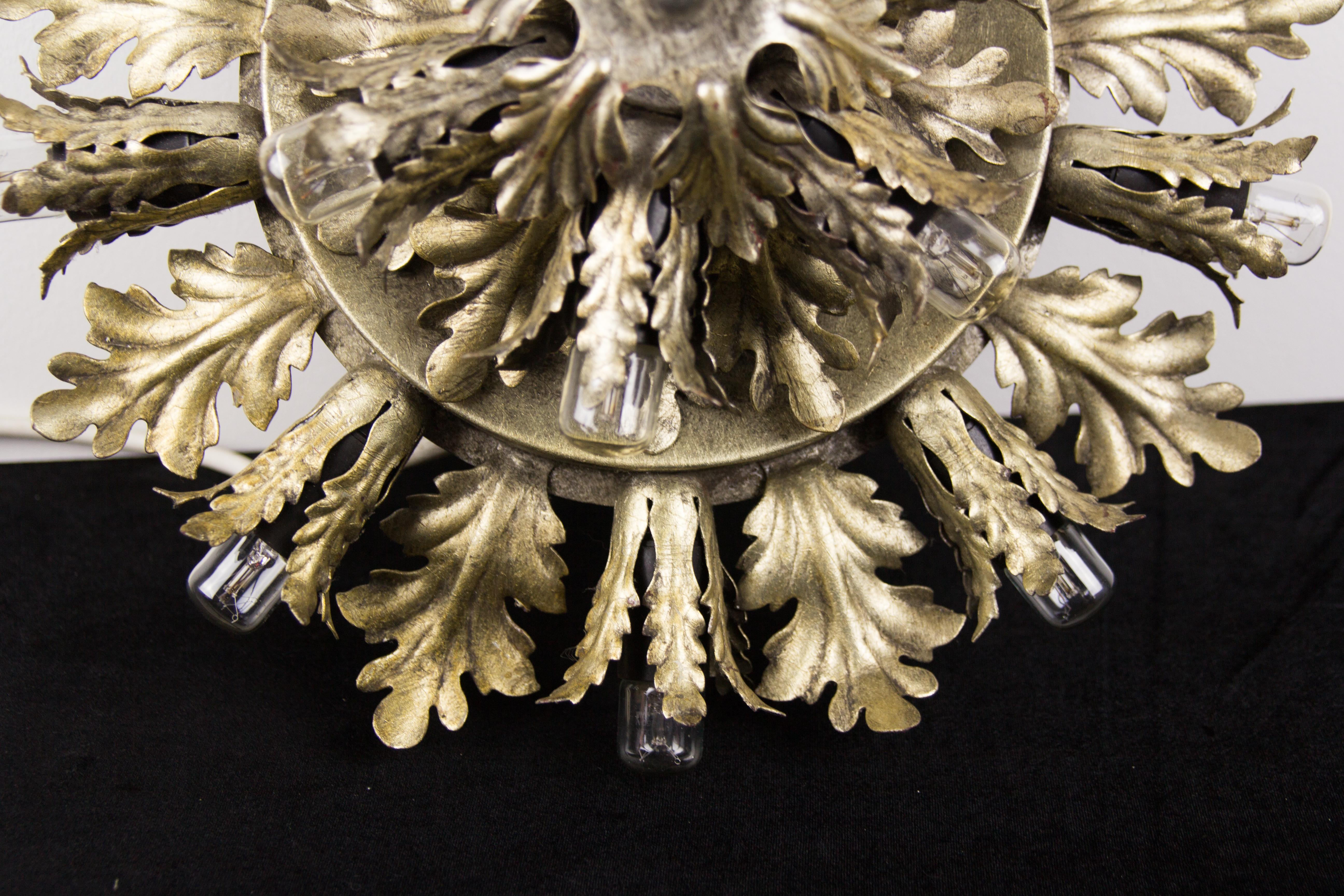 Silver and Gold Color Fifteen-Light Leafed Sunburst Wall or Ceiling Lamp, 1950s 7