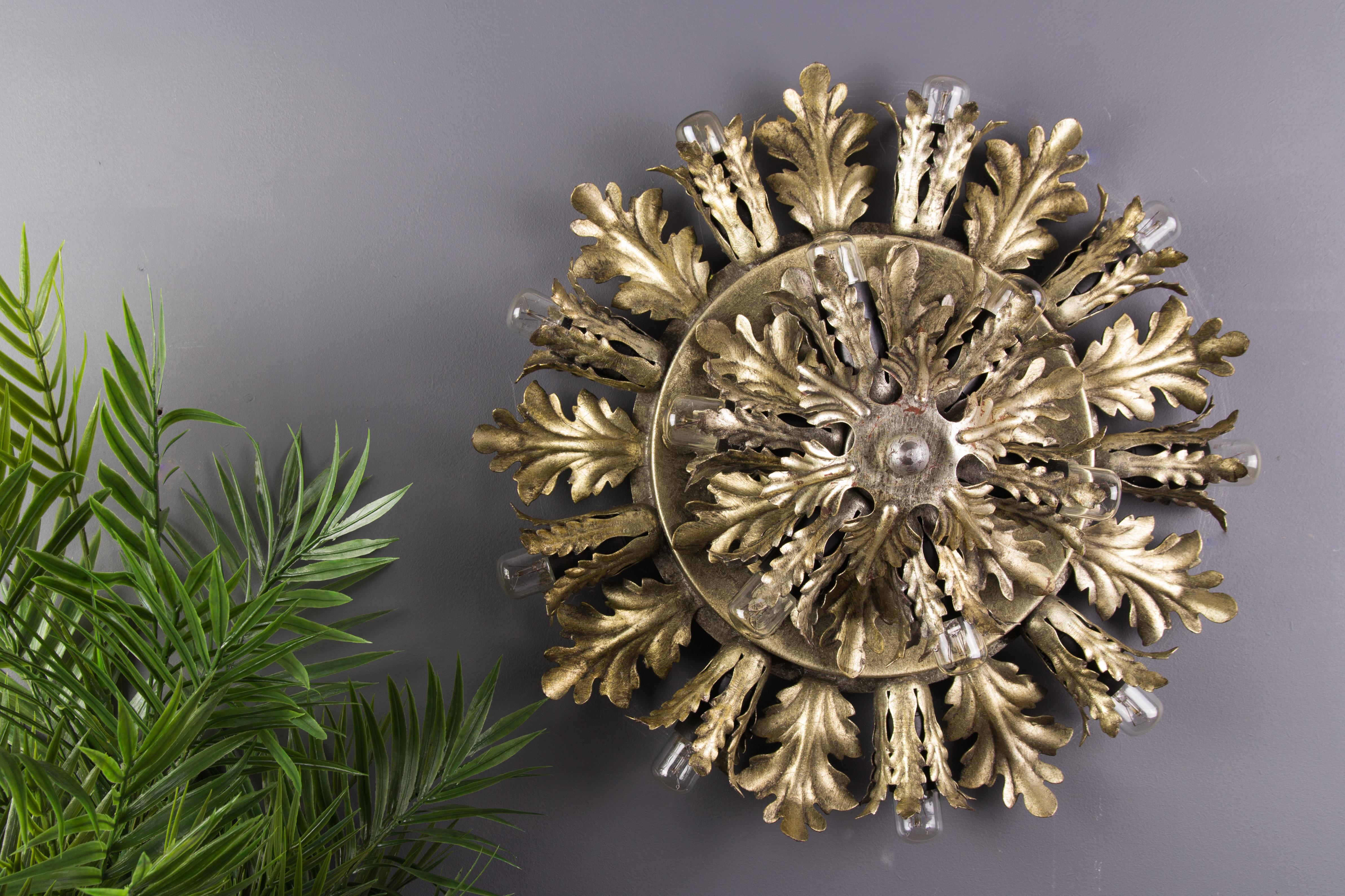 Patinated Silver and Gold Color Fifteen-Light Leafed Sunburst Wall or Ceiling Lamp, 1950s