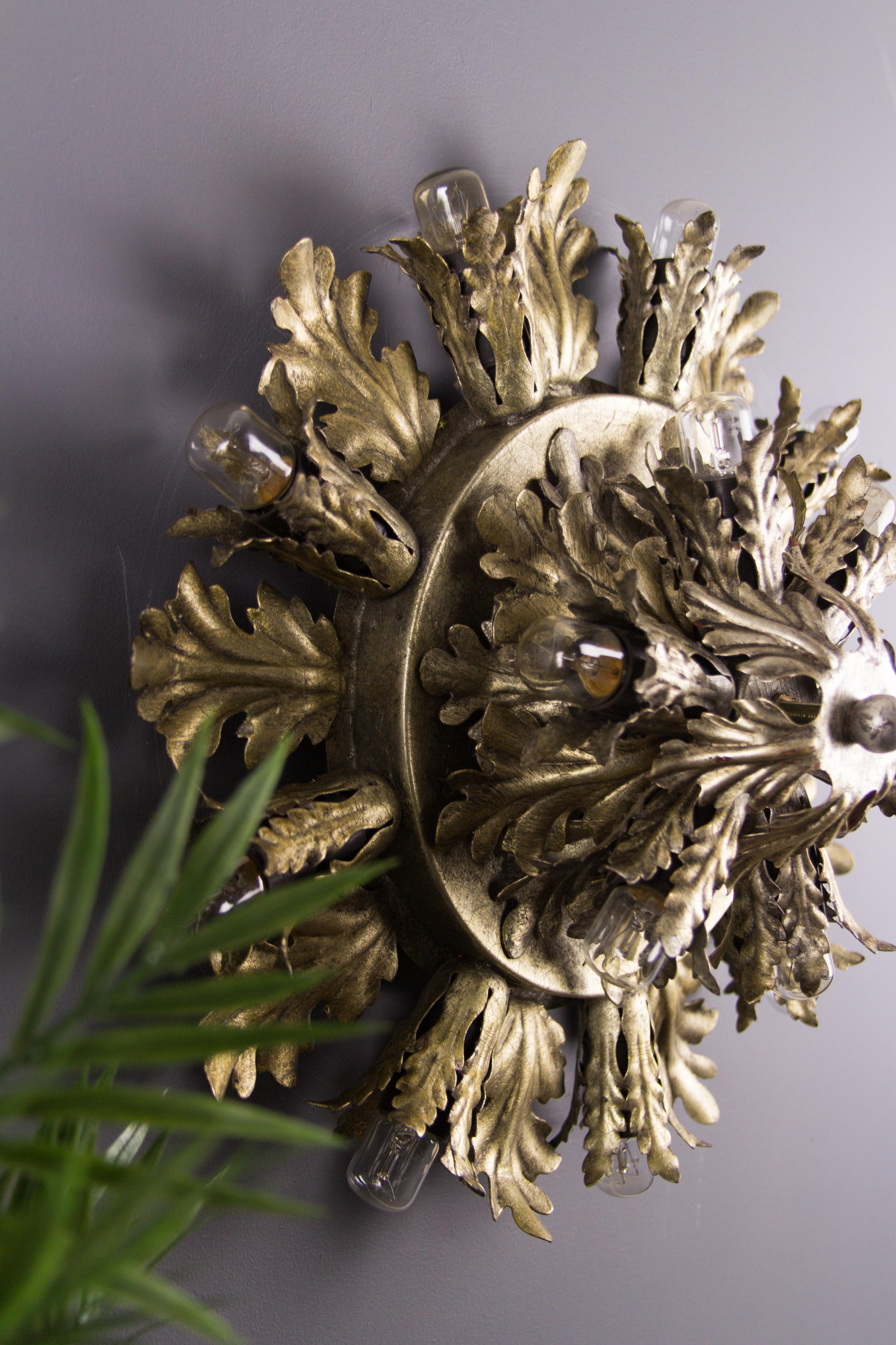 Iron Silver and Gold Color Fifteen-Light Leafed Sunburst Wall or Ceiling Lamp, 1950s