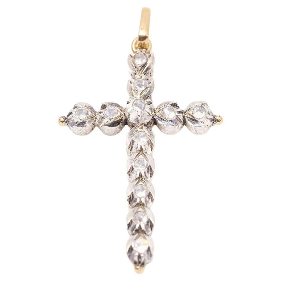 Silver and Gold Cross Pendant with Diamonds For Sale