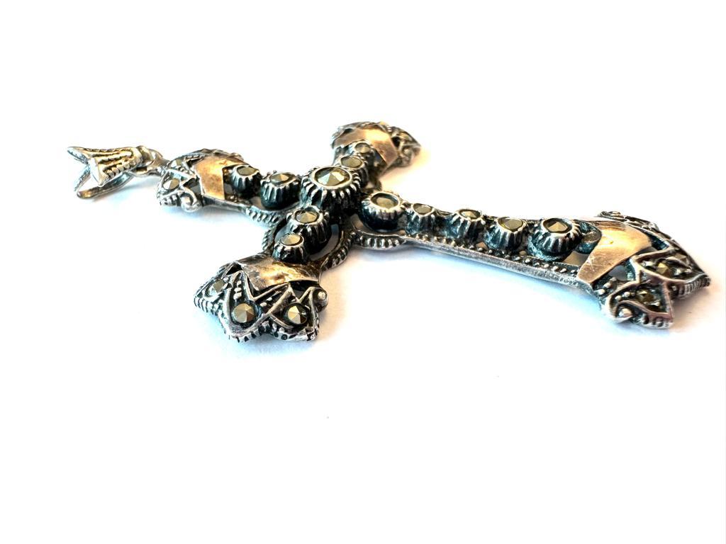 Rose Cut Silver and Gold Cross with Marcasites, from the Victorian Era For Sale