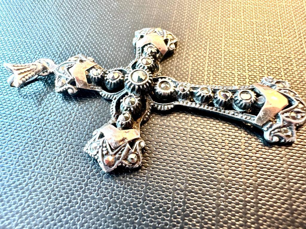Women's or Men's Silver and Gold Cross with Marcasites, from the Victorian Era For Sale