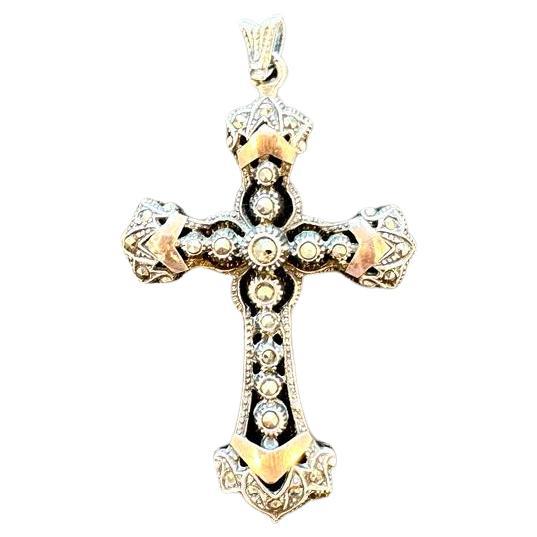 Silver and Gold Cross with Marcasites, from the Victorian Era For Sale