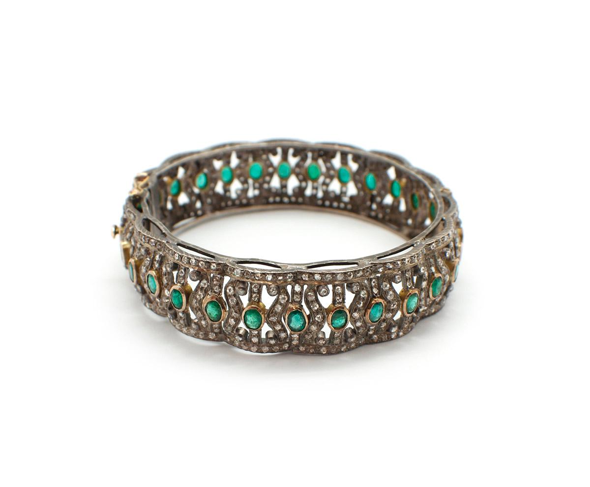  Silver and Gold Diamond and Emerald Bangle Bracelet In Excellent Condition In Scottsdale, AZ