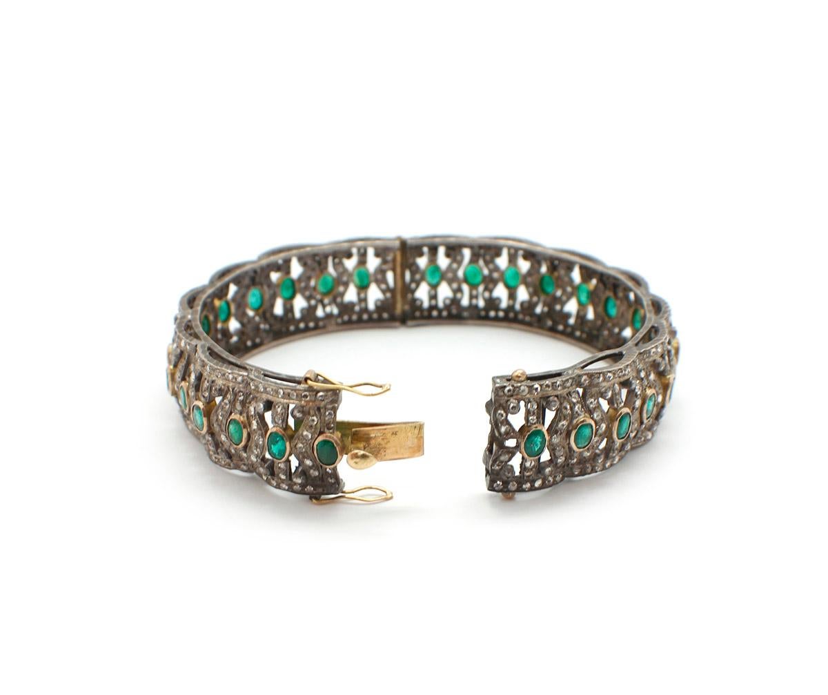 Women's or Men's  Silver and Gold Diamond and Emerald Bangle Bracelet