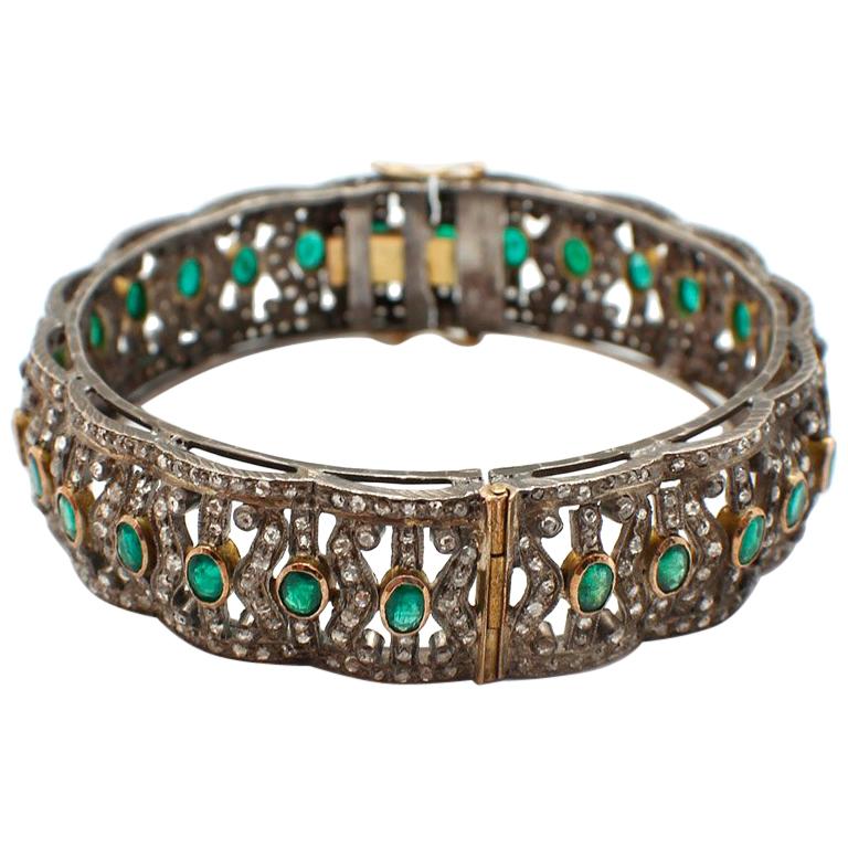  Silver and Gold Diamond and Emerald Bangle Bracelet
