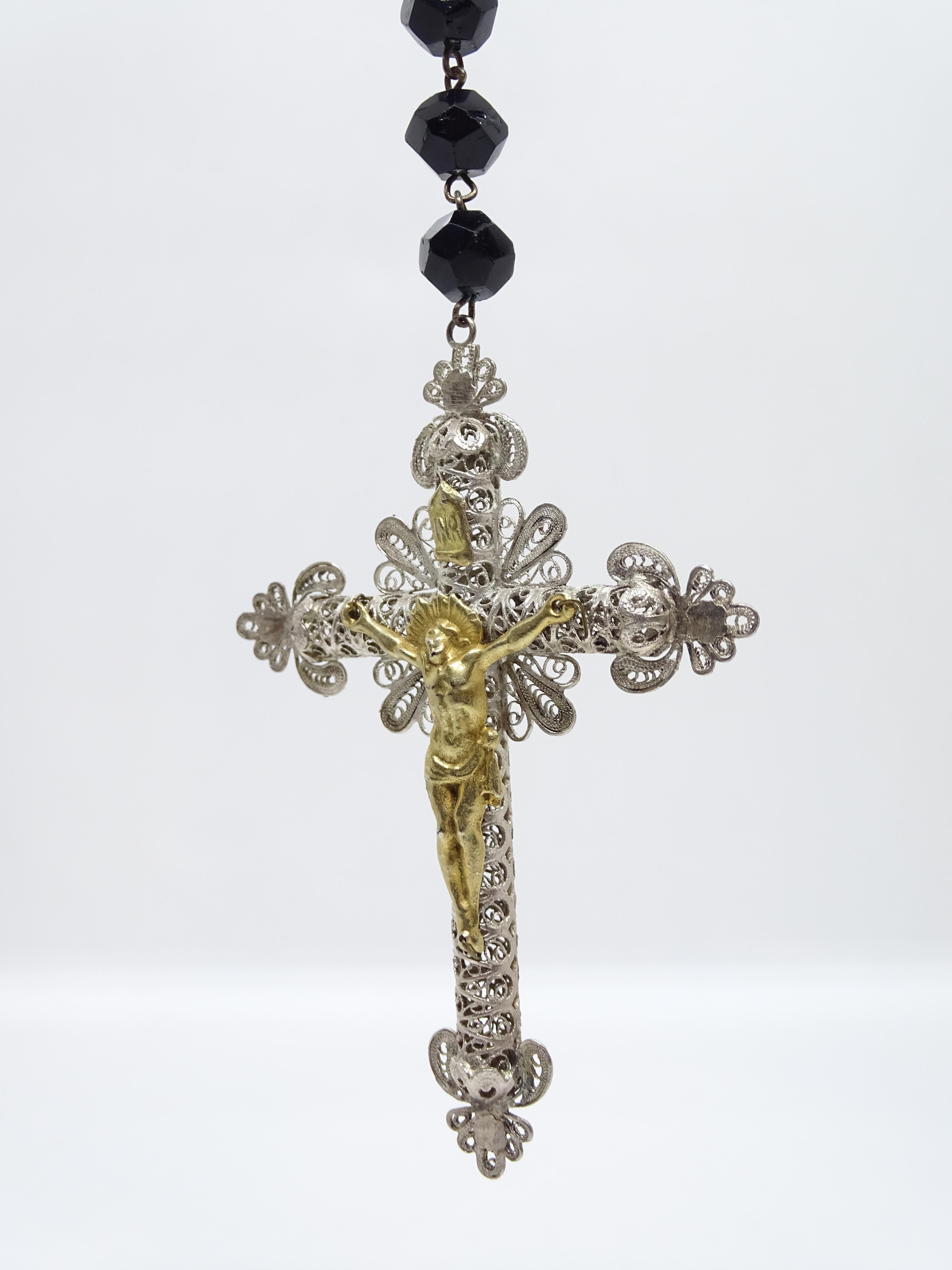 Old European Cut Silver and gold filigree rosary, onyx beads, 19th century