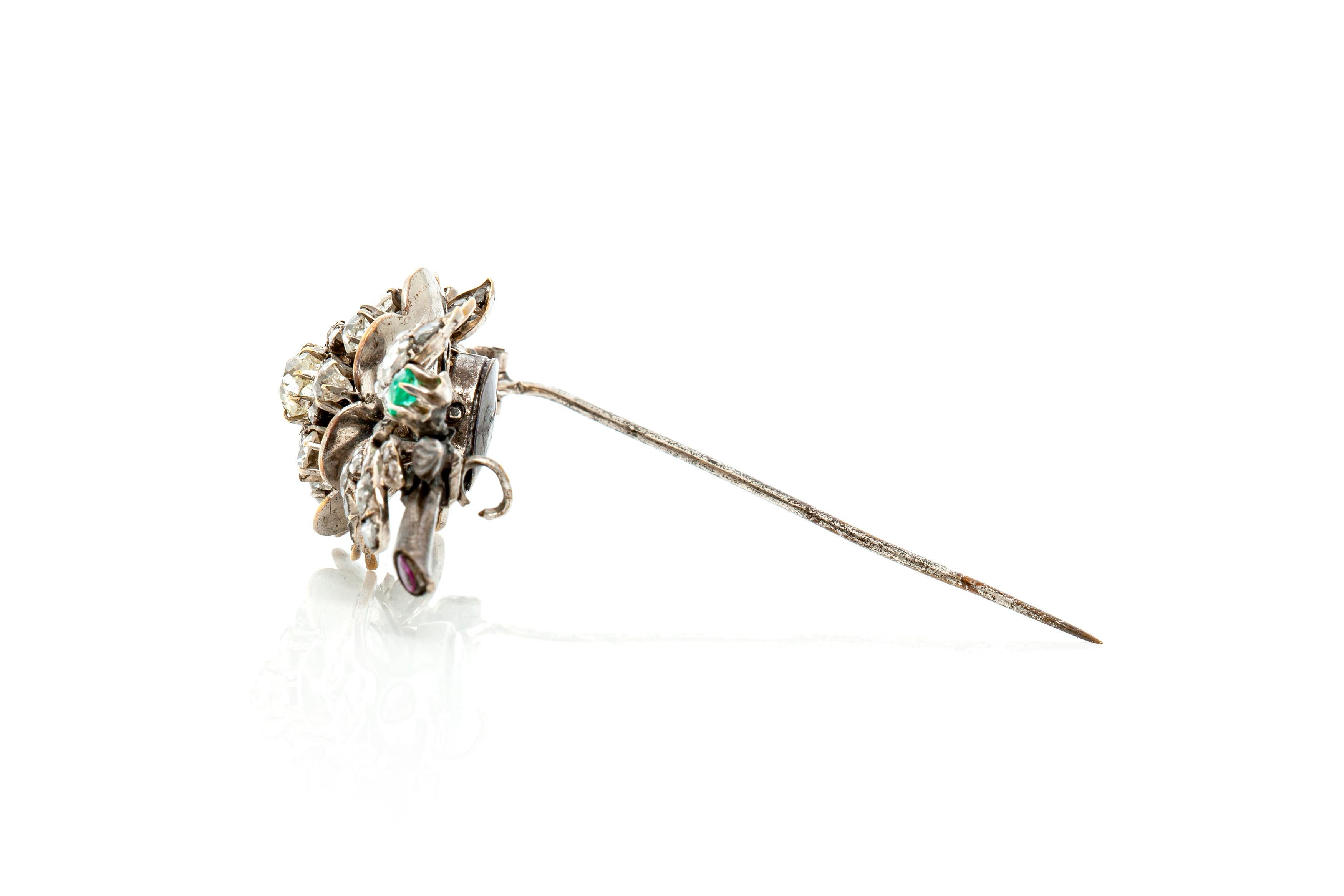 Silver and Gold Flower and Leafs with Diamonds Brooch In Good Condition For Sale In New York, NY