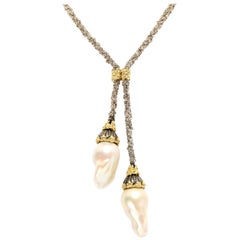 Silver and Gold Lariat Necklace with Baroque Pearl Drops Stambolian