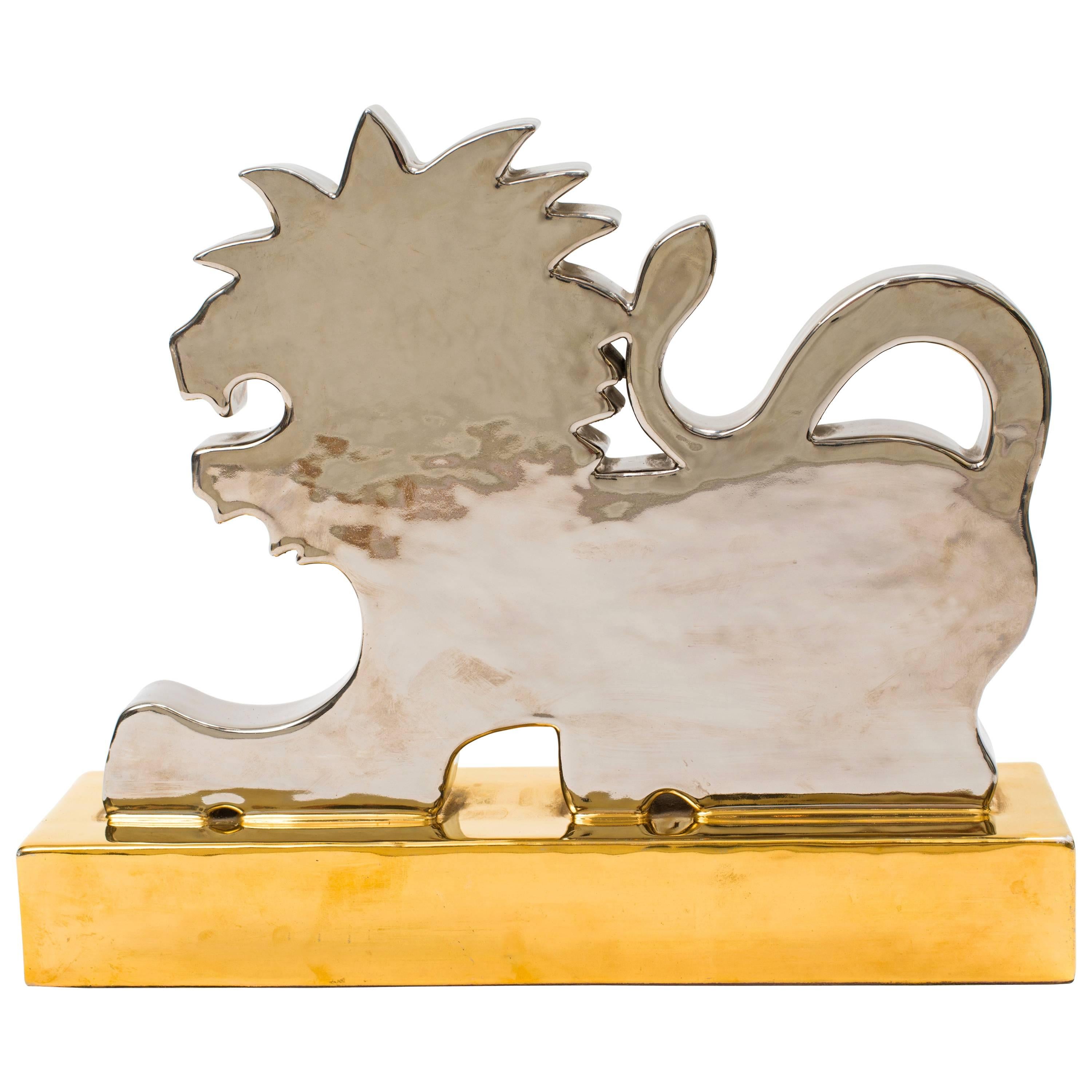 Ugo Zaccagnini Silver and Gold Ceramic Rare Lion Sculpture  For Sale