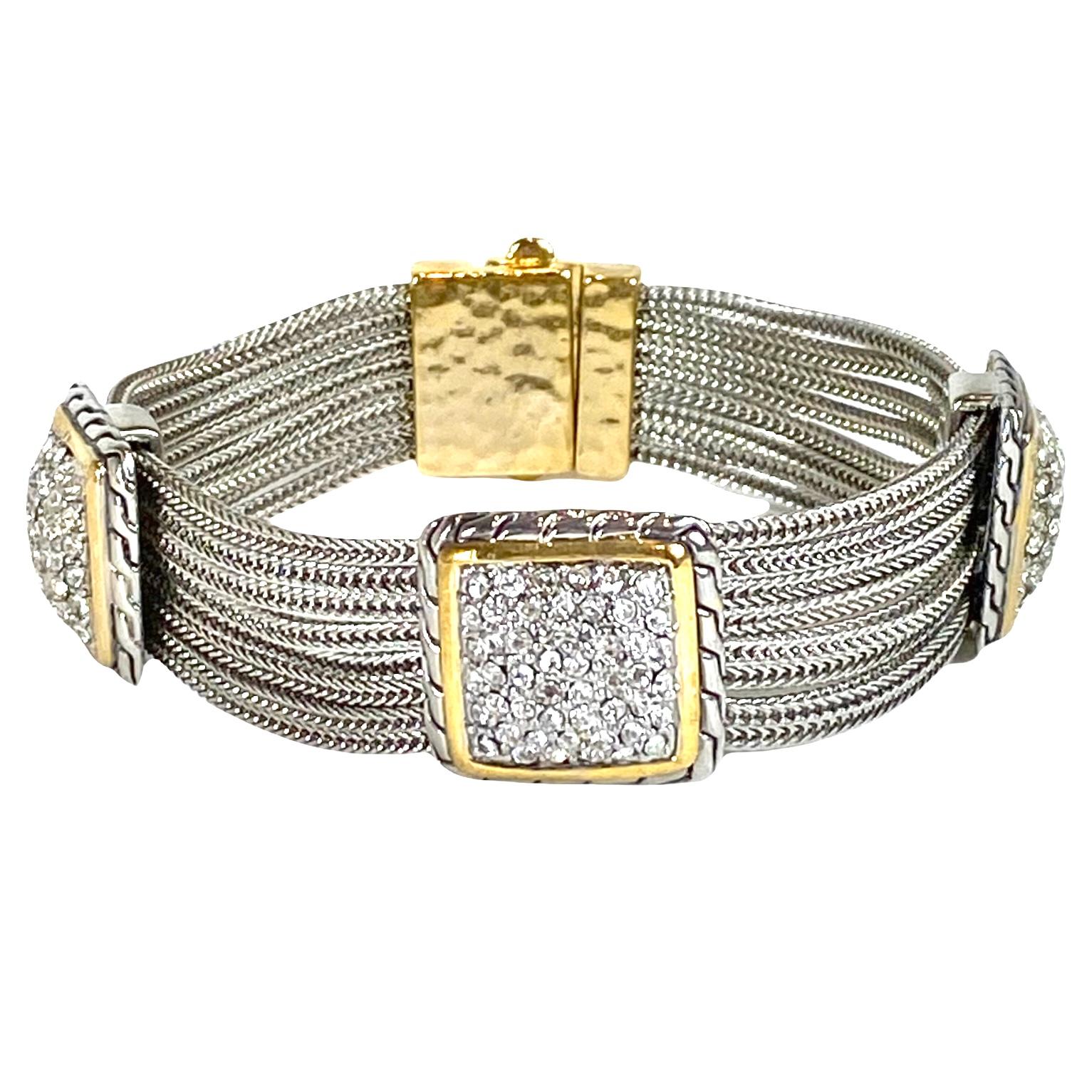 Silver and gold mesh bracelet w/ square rhinestone stations In Excellent Condition In Bridgehampton, NY