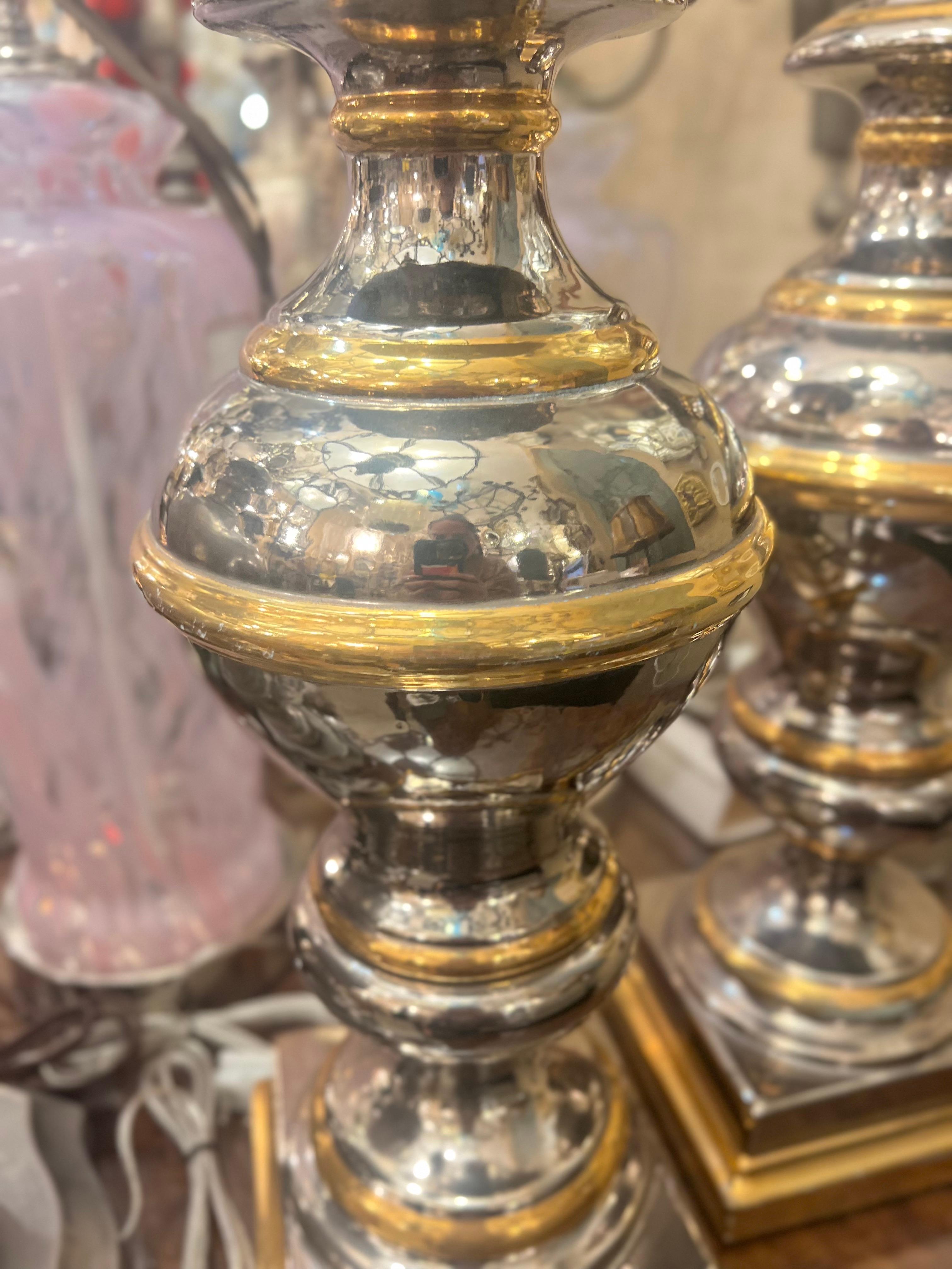 French Silver and Gold Moderne Porcelain Lamps For Sale