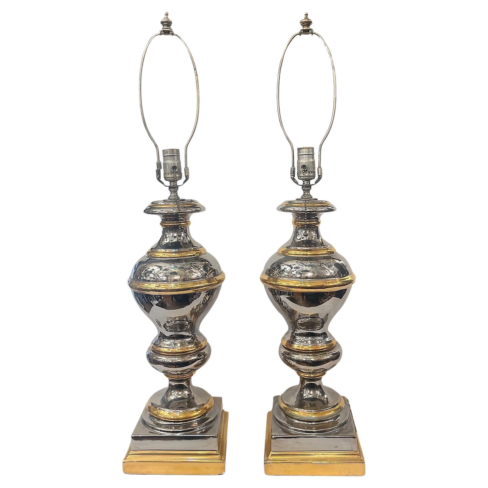 Silver and Gold Moderne Porcelain Lamps For Sale