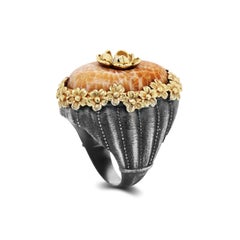 Silver and Gold Oval Flower Dome Ring with Diamonds and Fossil Coral Stambolian