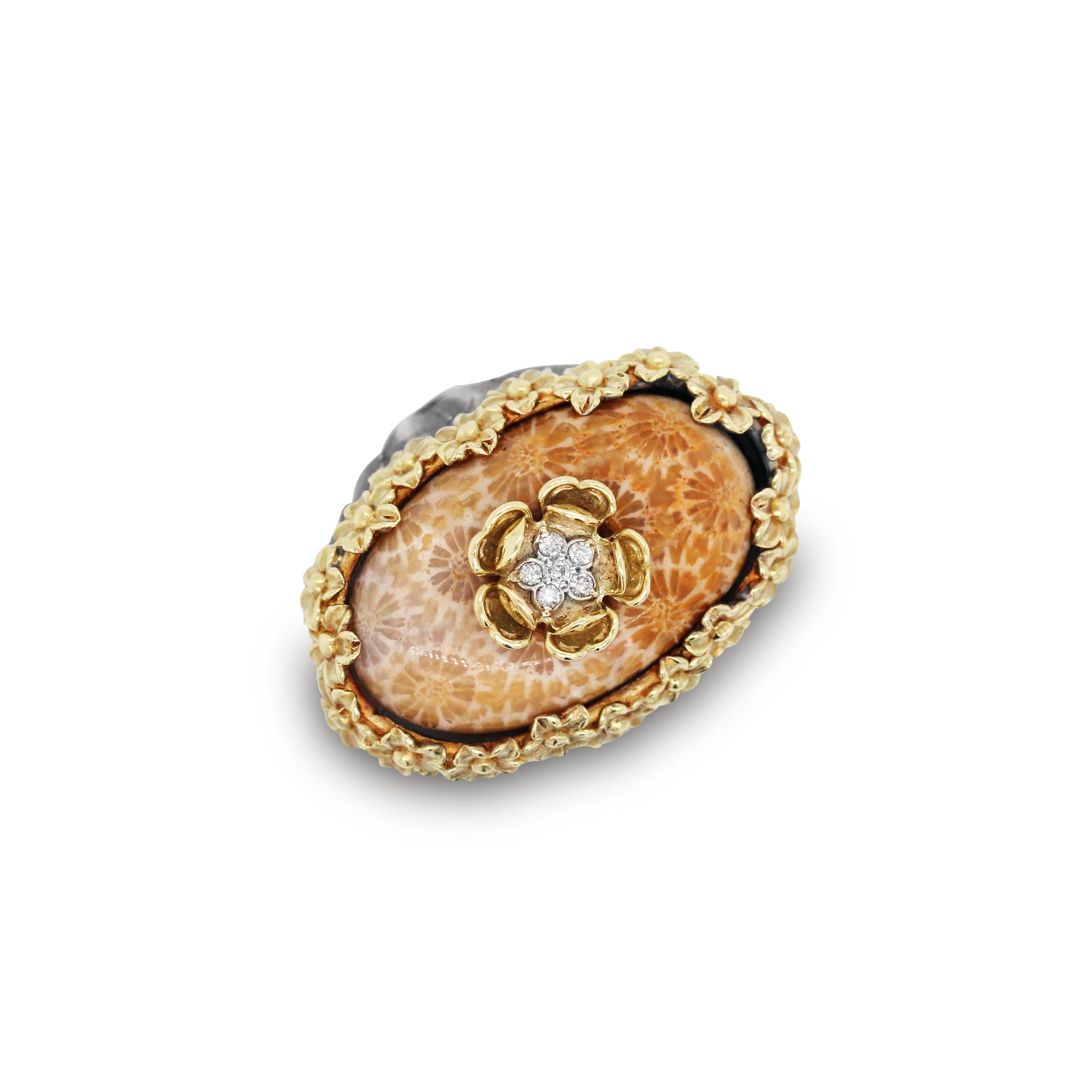 Oval Cut Silver and Gold Oval Flower Dome Ring with Diamonds and Fossil Coral Stambolian
