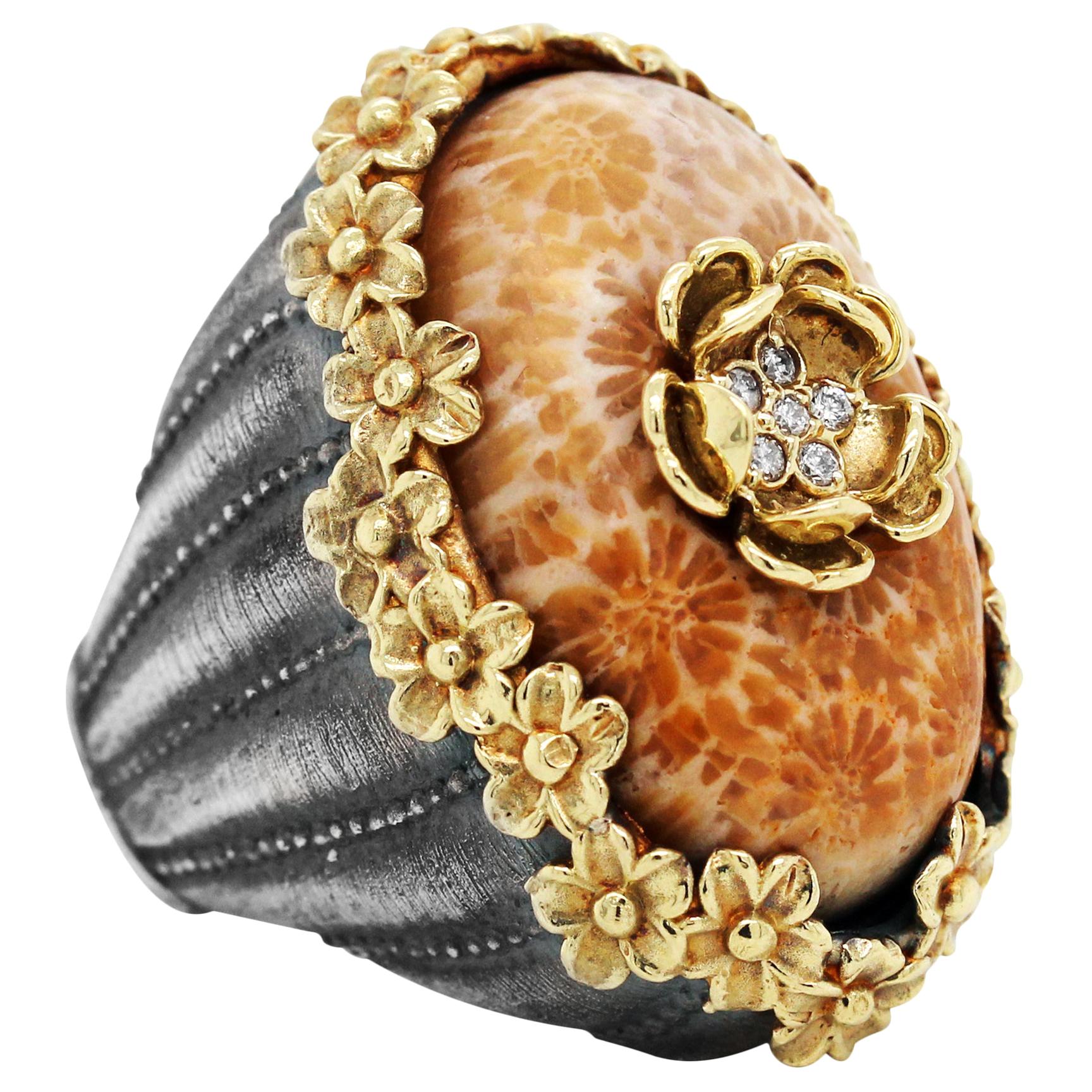 Silver and Gold Oval Flower Dome Ring with Diamonds and Fossil Coral Stambolian