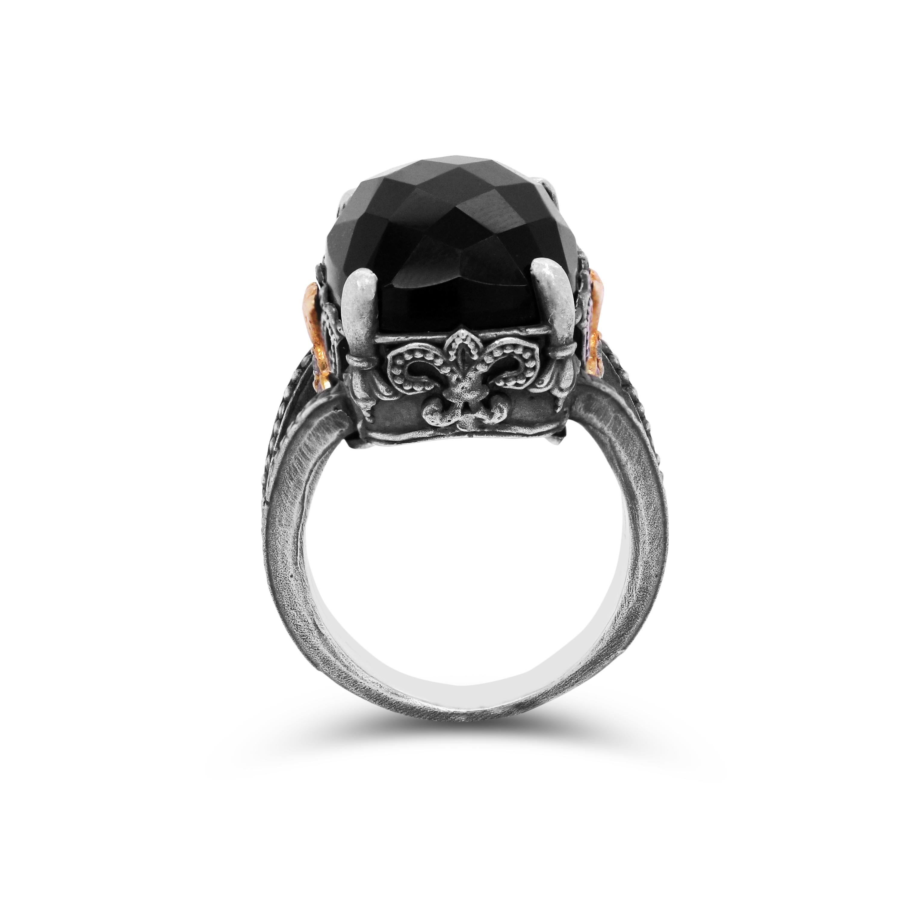 Aged Silver and 18K Gold Ring with Diamonds and Black Onyx center by Stambolian

This unique ring is from the 