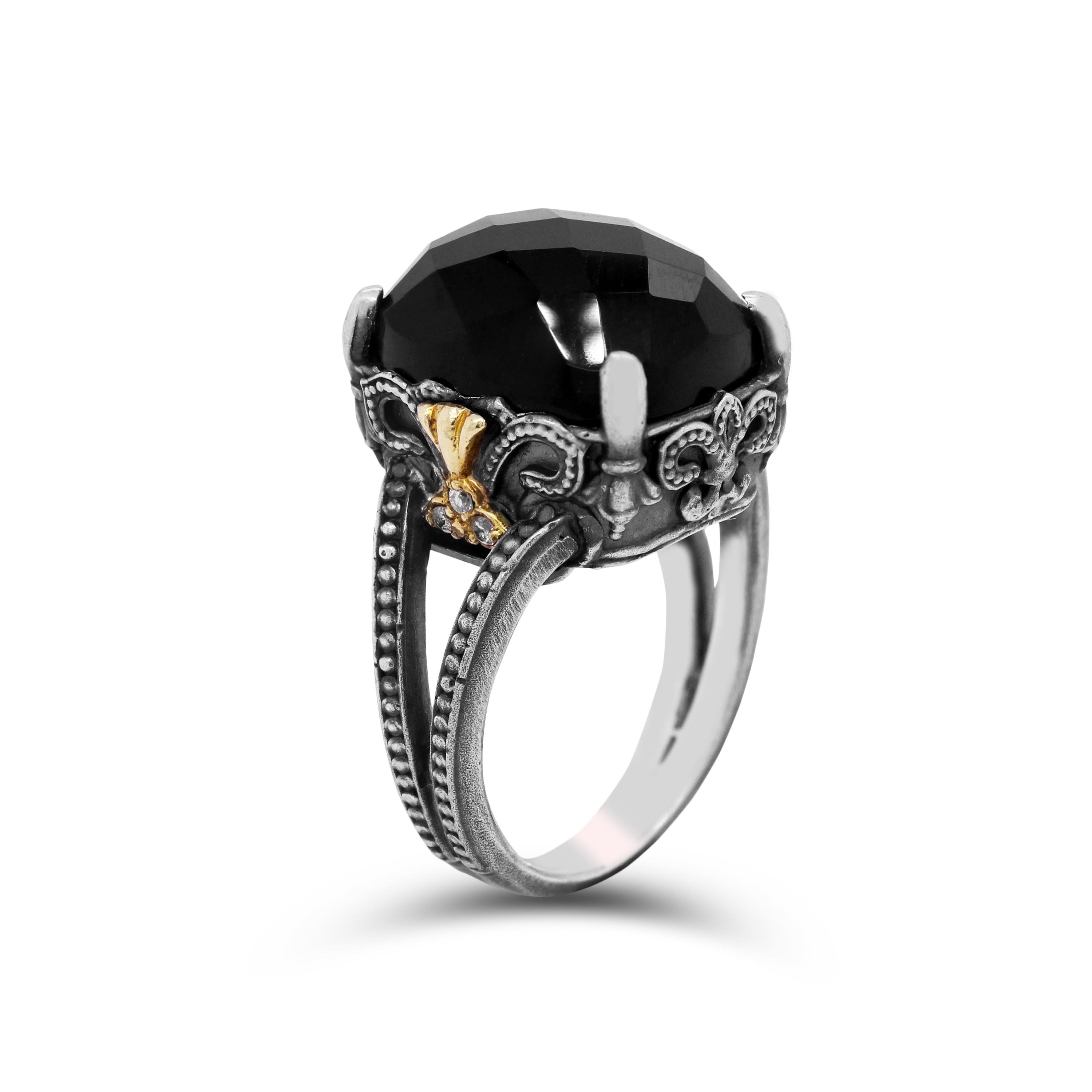Silver and Gold Ring with Diamonds and Black Onyx Stambolian In New Condition In Boca Raton, FL