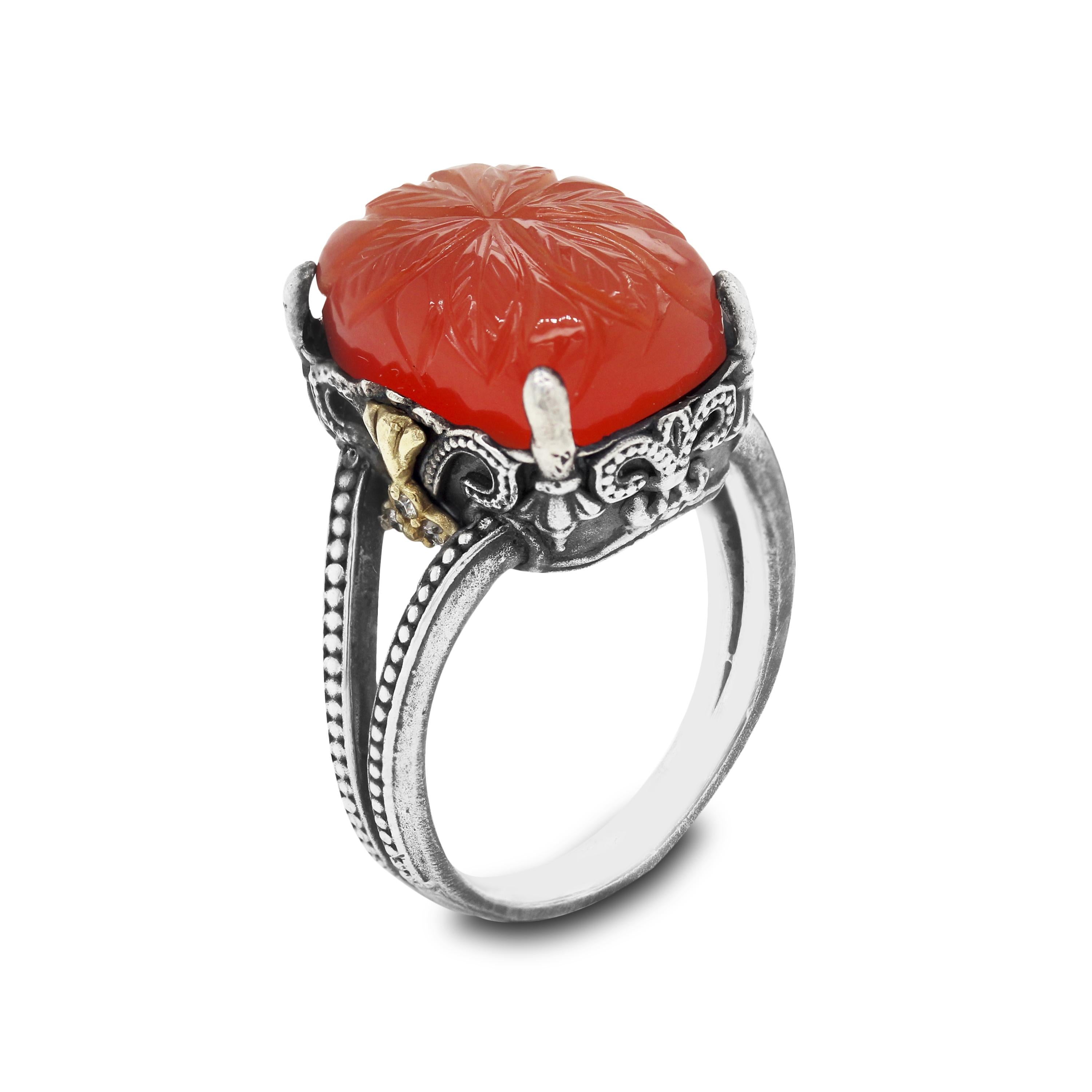 Silver and Gold Ring with Diamonds and Floral Carved Carnelian Center Stambolian In New Condition In Boca Raton, FL