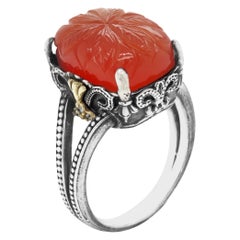 Silver and Gold Ring with Diamonds and Floral Carved Carnelian Center Stambolian