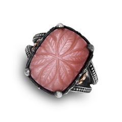 Silver and Gold Ring with Diamonds and Floral Carved Peach Moonstone Stambolian