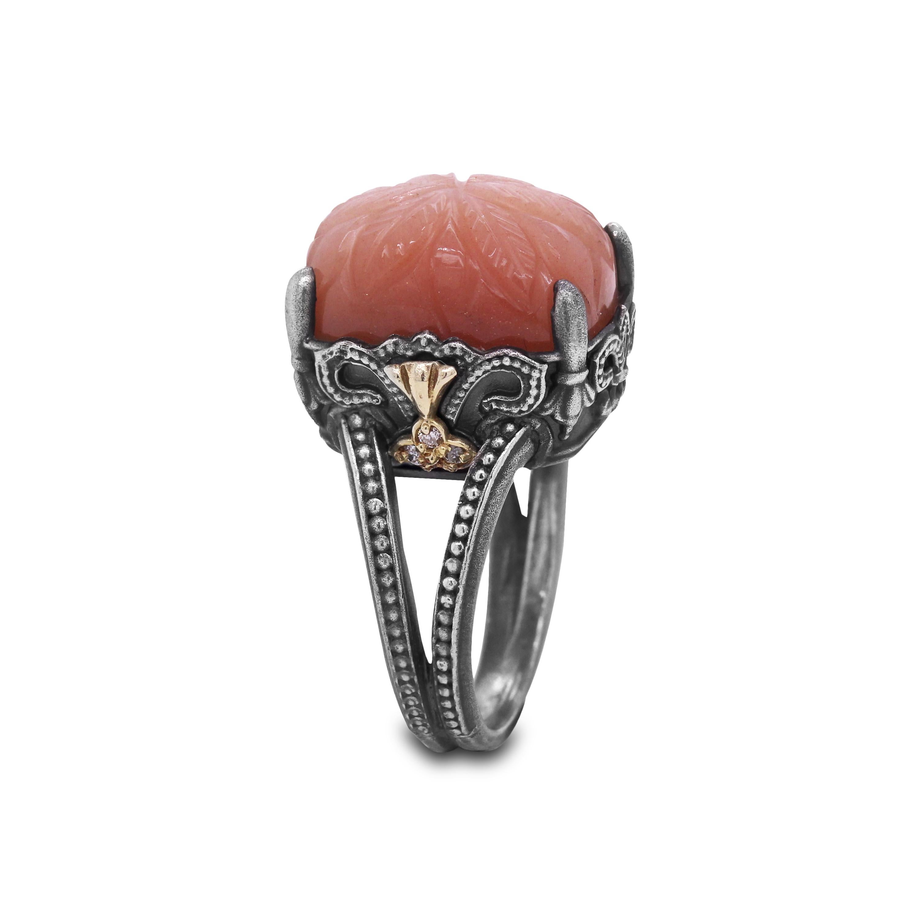 Silver and Gold Ring with Diamonds and Floral Carved Peach Moonstone Stambolian In New Condition In Boca Raton, FL
