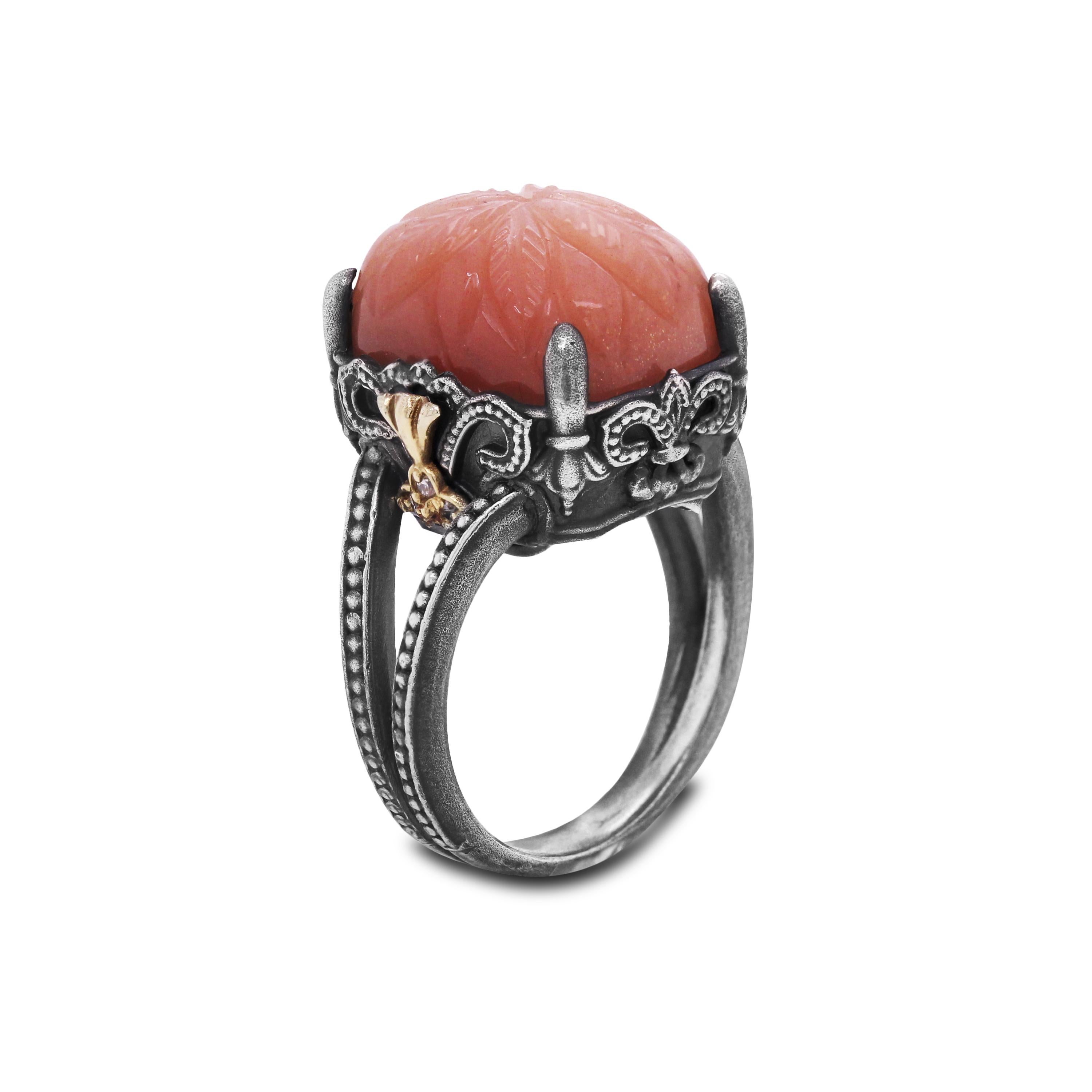 Women's Silver and Gold Ring with Diamonds and Floral Carved Peach Moonstone Stambolian