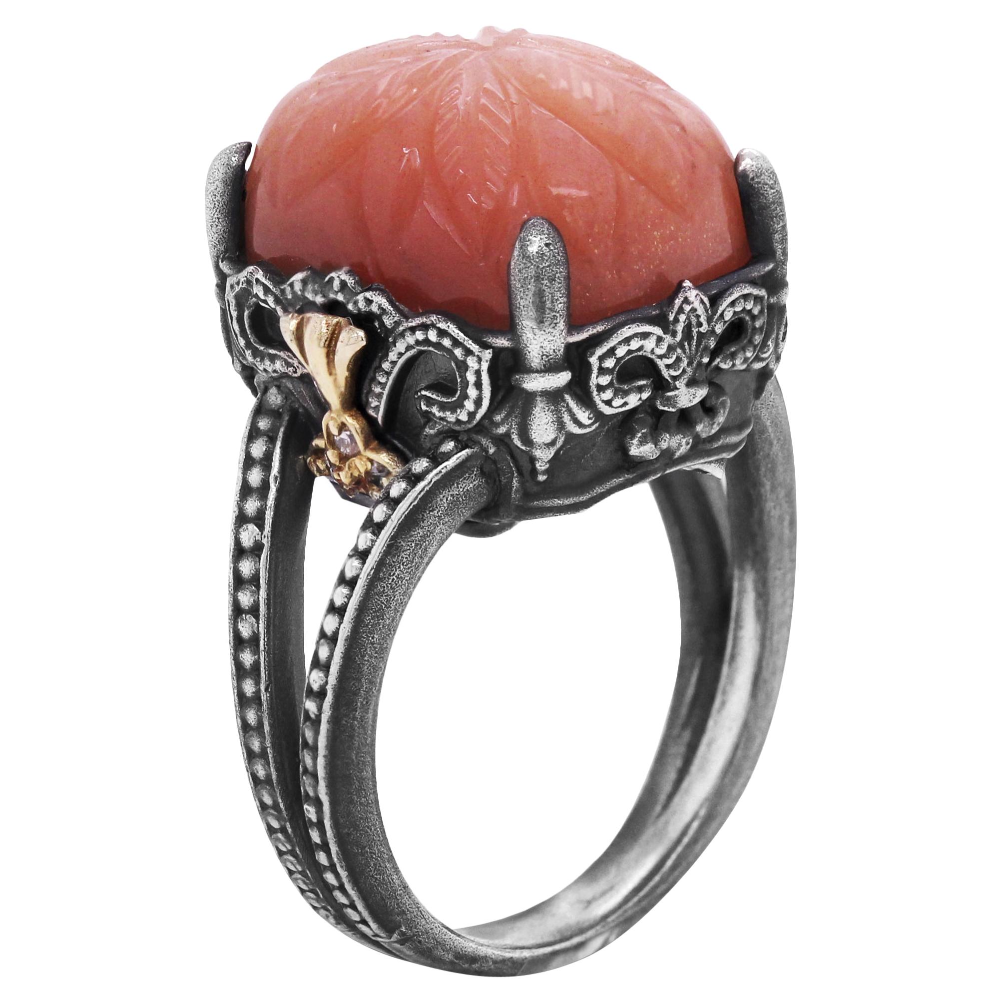 Silver and Gold Ring with Diamonds and Floral Carved Peach Moonstone Stambolian