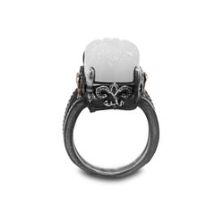 Silver and Gold Ring with Diamonds and Floral Carved White Moonstone Stambolian